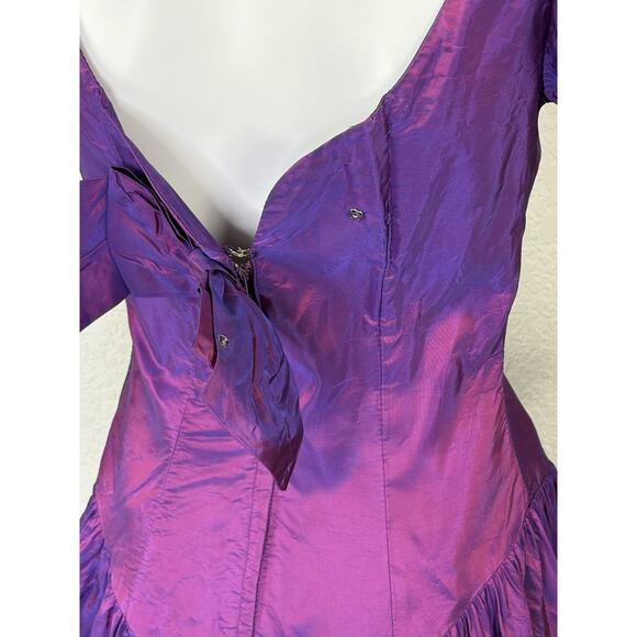 Vintage 80s Alfred Angelo Midi Dress Puff Slv Iridescent Purple Taffeta Prom S - Picture 8 of 12